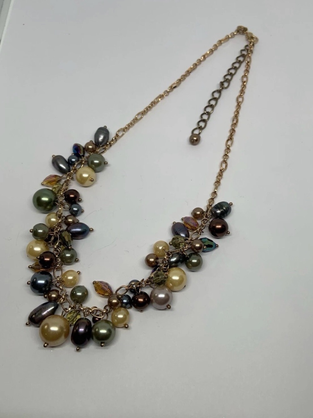 Premier Designs Multi Color Faux Pearls, Beaded Gold Tone Necklace Signed 23”